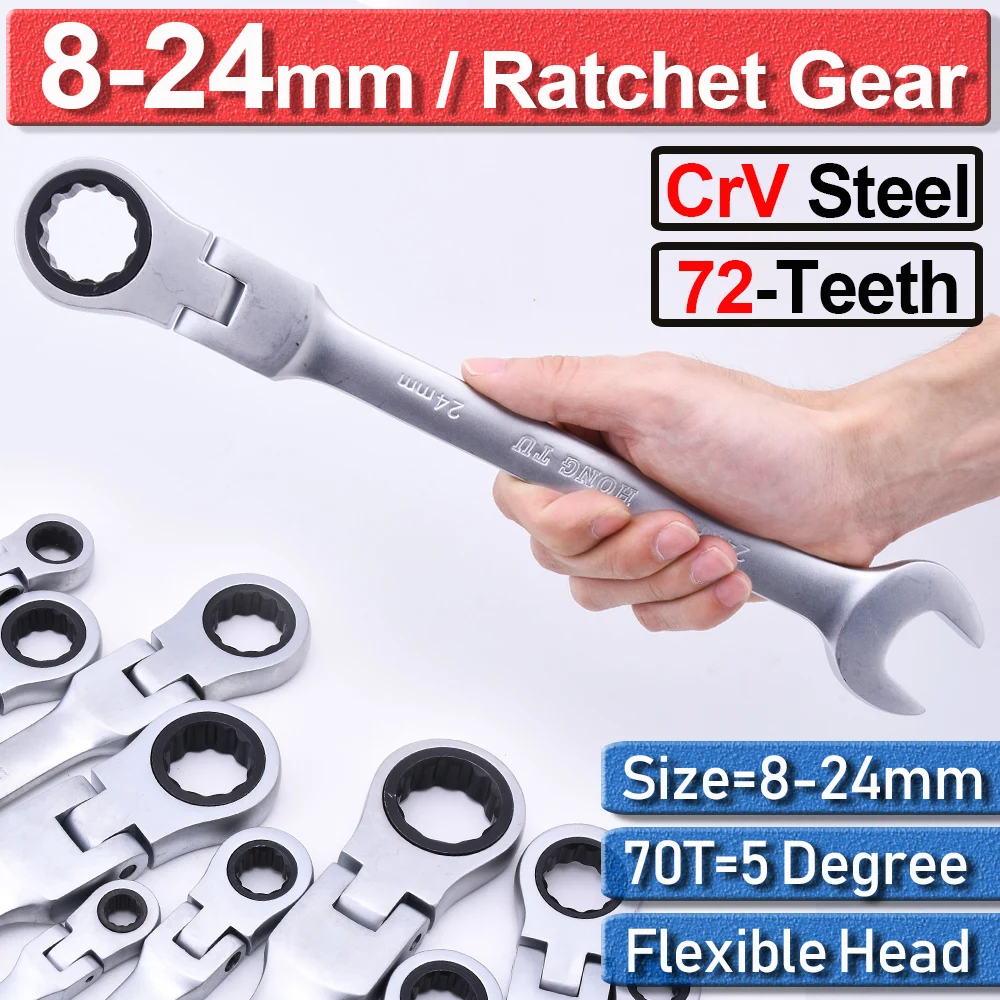 

8-24mm 16 Pcs Ratchet Spanner Sets 12Pcs/5Pcs 12-Point 72-Teeth CrV Steel Spanners Flexible Head Ratcheting Wrench Set