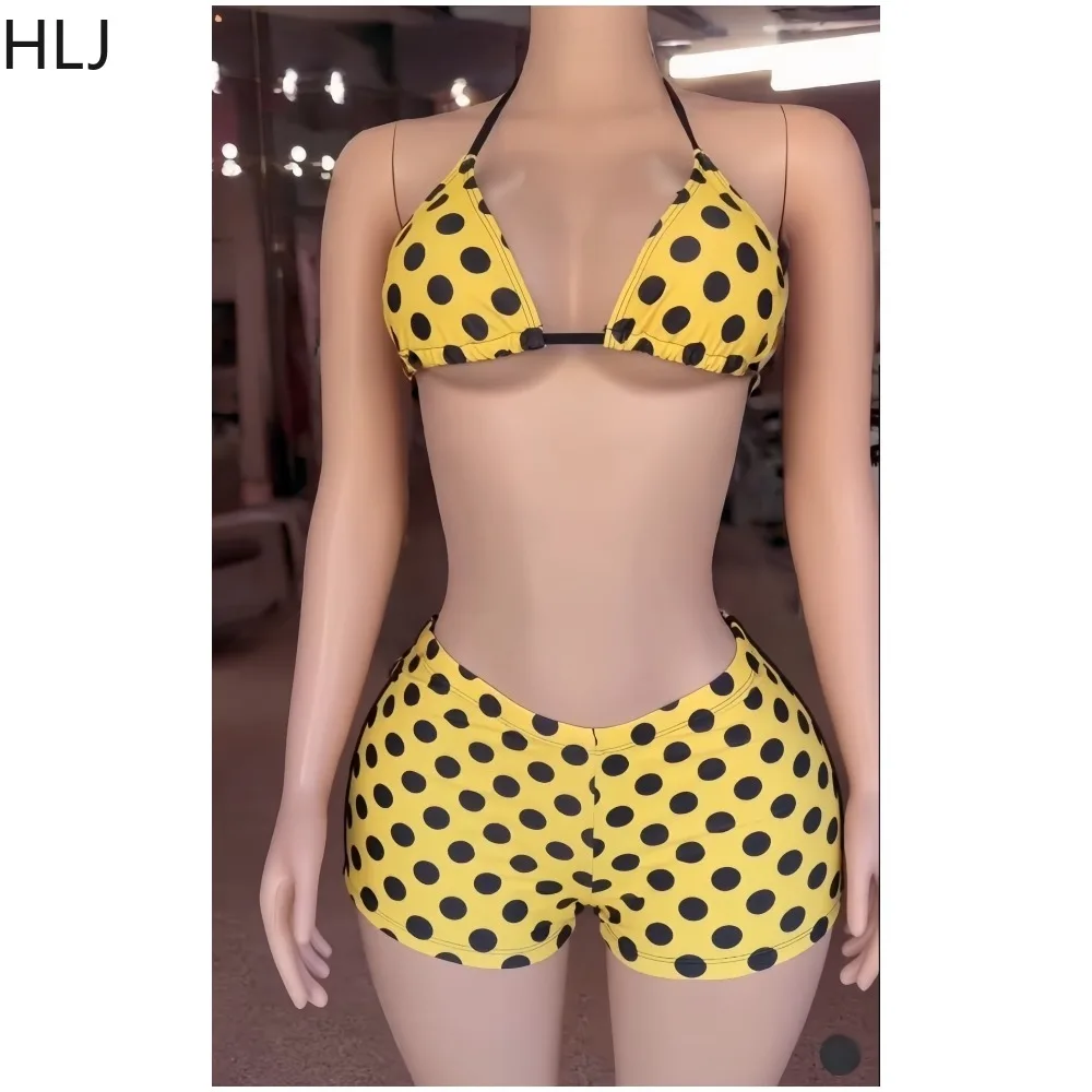 

HLJ Women 2 Pieces Polka Dot Bikini Set Yellow Black Halter Triangle Top + High Waist Shorts Swimwear Summer Beach Bathing Suit