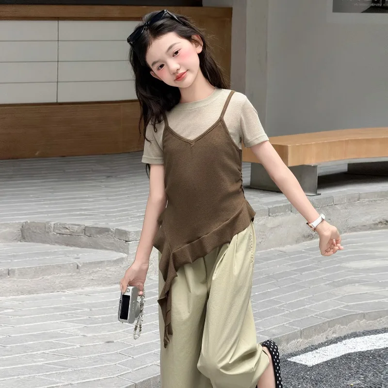 Girl's irregular ribbon fake two piece T-shirt wide leg pants 2026 summer new short sleeved straight leg pants