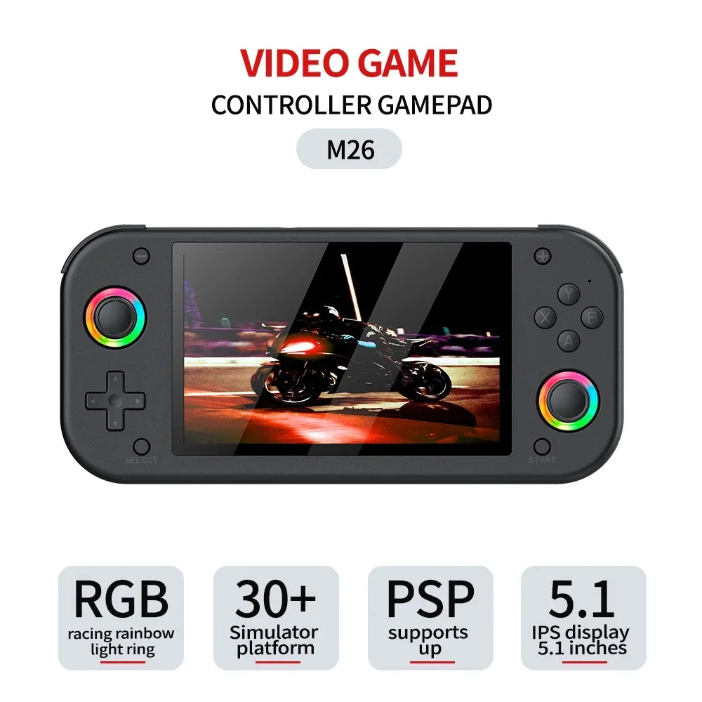 M26 64G/128G/256G 50000Games لعبة فيديو وحدة التحكم 5.1 بوصة 800*480 مع عصا التحكم الملونة RGB HD ألعاب التلفزيون المنزل لاعبين هدية للأطفال