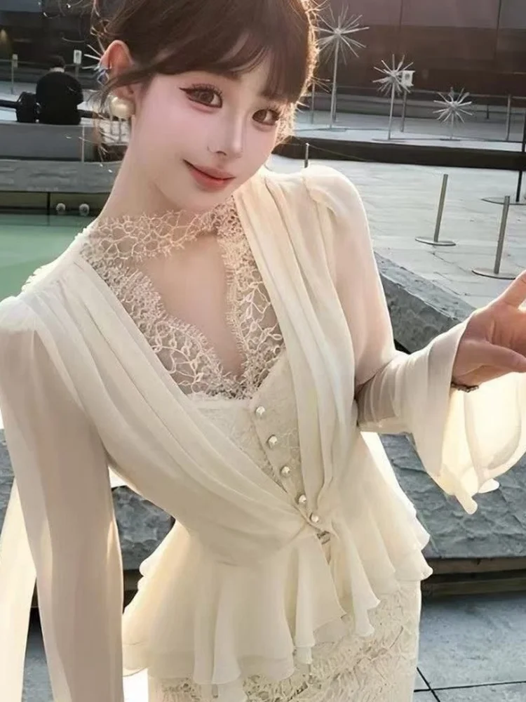 

Elegant Ladylike Two-Piece Set with Lace Shirt And V-Neck Halter Waist-Cinching Long Skirt Sexy Soft Style Summer Fashion