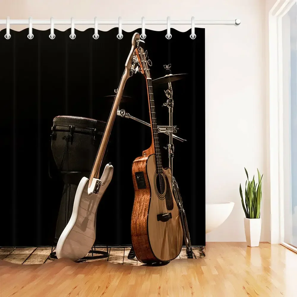 Musical Instruments Acoustic Guitar Drums Shower Curtain Set Bathroom Waterproof