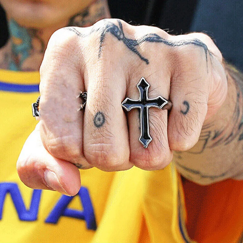 Hip Hop Punk Black Cross Open Rings For Women Trendy Party Jewelry Vintage Gothic Metal Jesus Cross Men\'s Finger Ring Male Gift