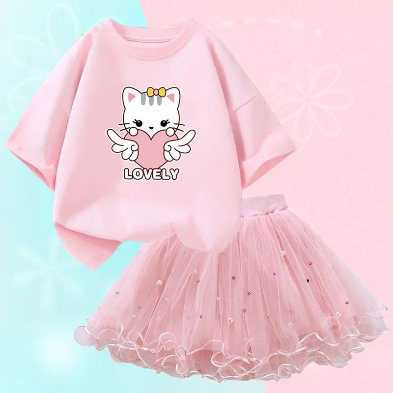 3-14y Children Girl Party Clothes Set Cute Kitty Cat Short Sleeve T-shirt + Tutu Skirt 2PCS Summer Girl School Outfit