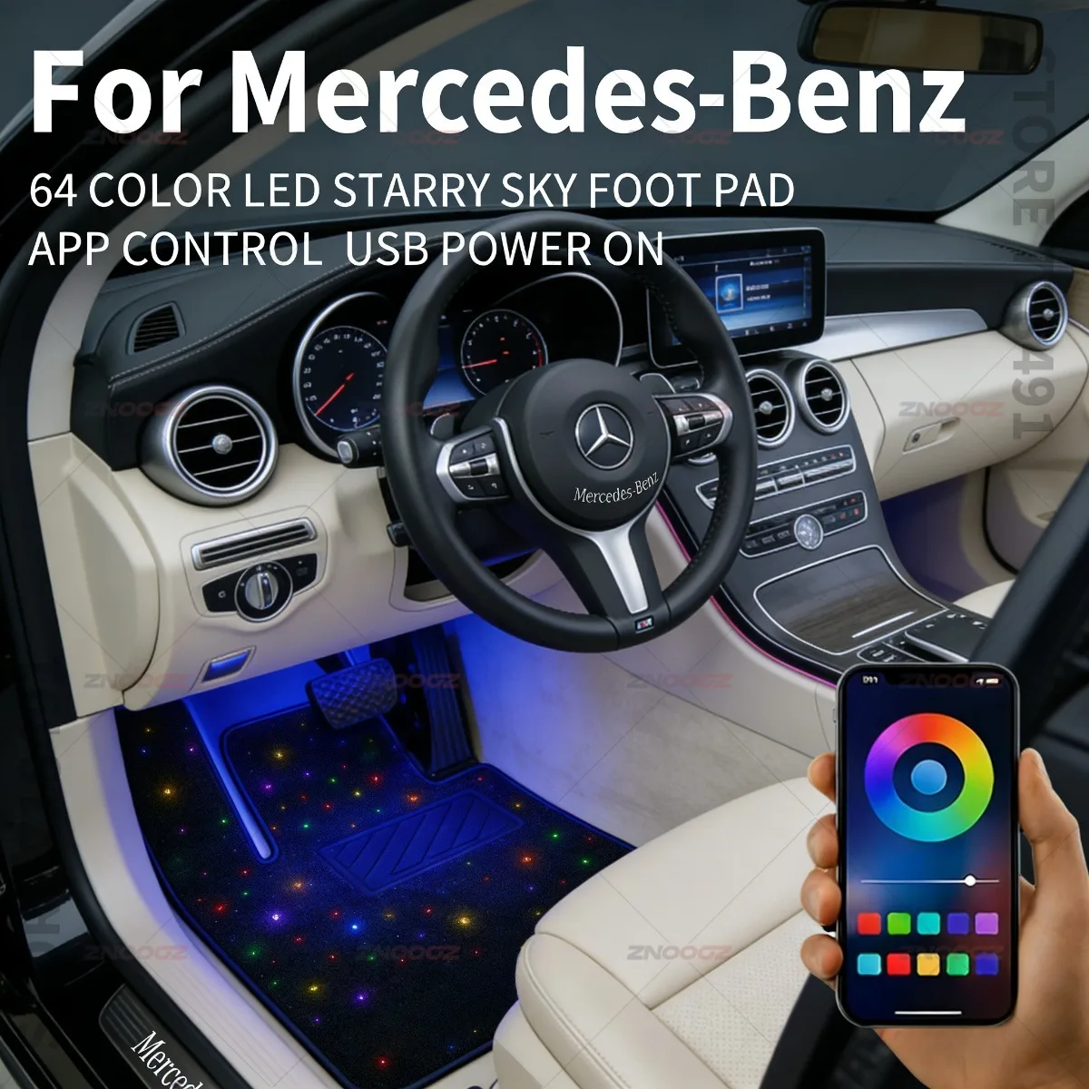 For Mercedes-Benz AMG GT 4-Door C-Class Estate E-Class Estate SL CLA CLE CLS GLA USB Car LED Starry Sky Foot Mat DIY Can Be Cut