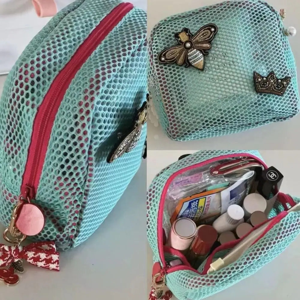 Lightweight Mesh Zipper Bags Visibility Space Saving Mini Makeup Pouch Portable Rotary Hook Travel Toiletry Pockets Women