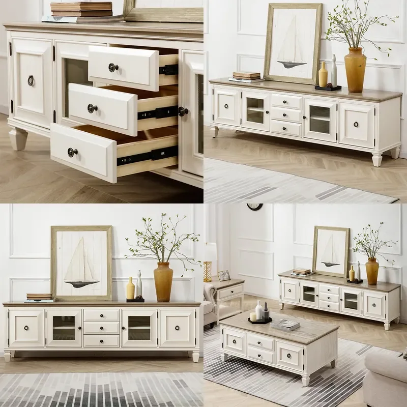 Mediterranean Solid Wood TV Stand Two Tone Tall Living Room Media Console with Coffee Table Audio Visual Floor Cabinet