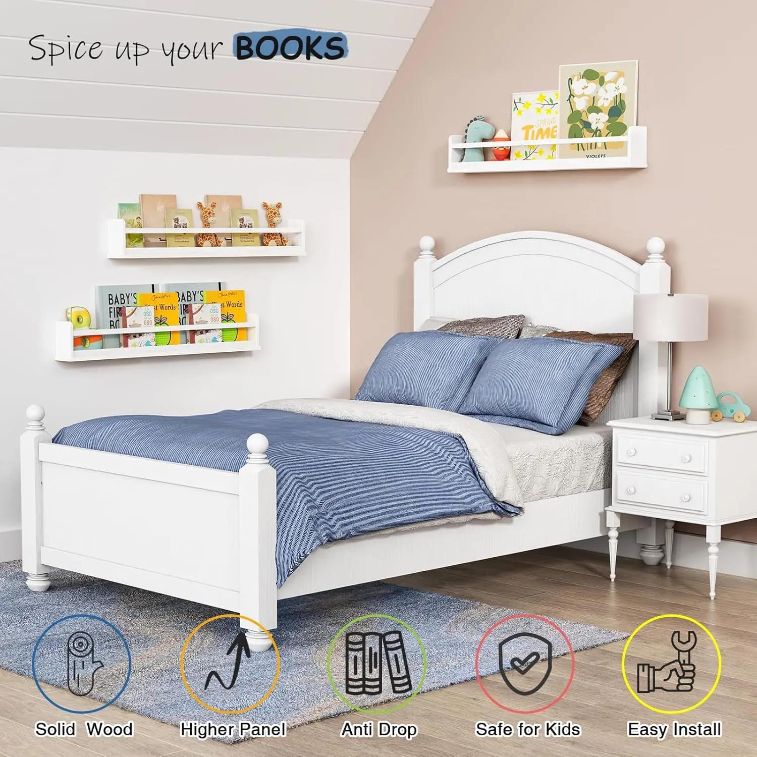 مجموعة أرفف كتب حائطية بيضاء عائمة مكونة من 3 قطع لغرفة الأطفال والحضانة وغرفة اللعب - بطول 36 بوصة