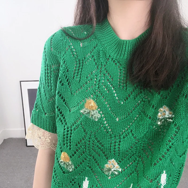 Sequins Crochet Hollow Collision Knit Sweater Loose Short Green Knitwear Tops Autumn/Winter Woman Clothing