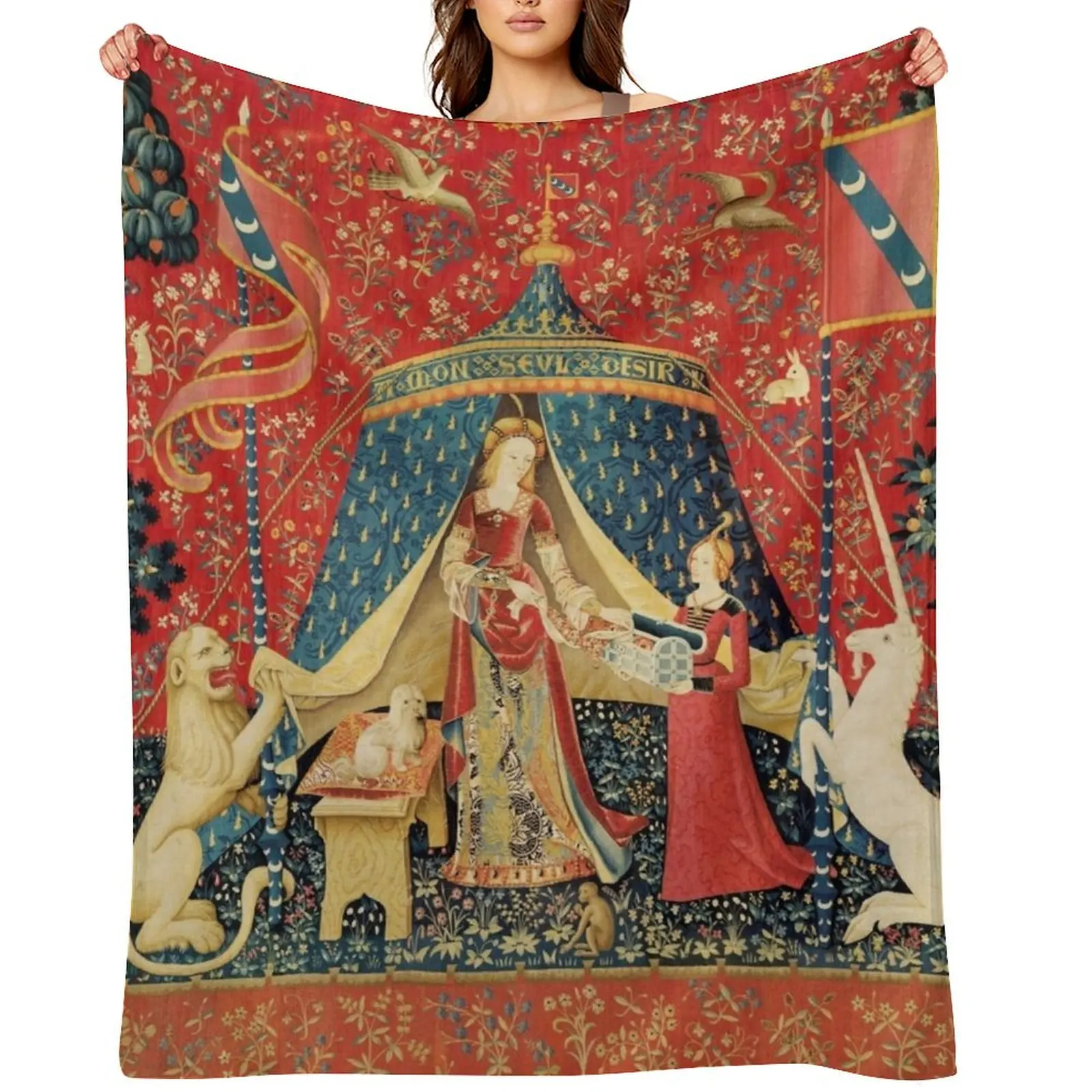 

LADY AND UNICORN DESIRE ,Lion,Fantasy Flowers,Animals,Red Green Floral Throw Blanket Soft Big Designers Luxury St Blankets