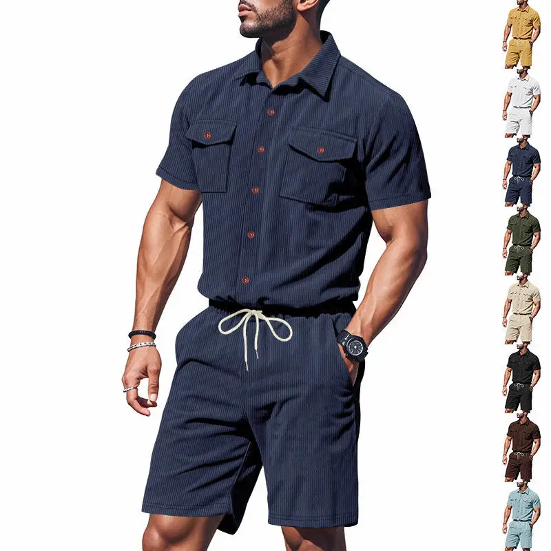 

New Summer Men's Corduroy Pocket Shirt Short Sleeve Two-Piece Set Casual Comfortable Breathable Fashionable Male Clothing