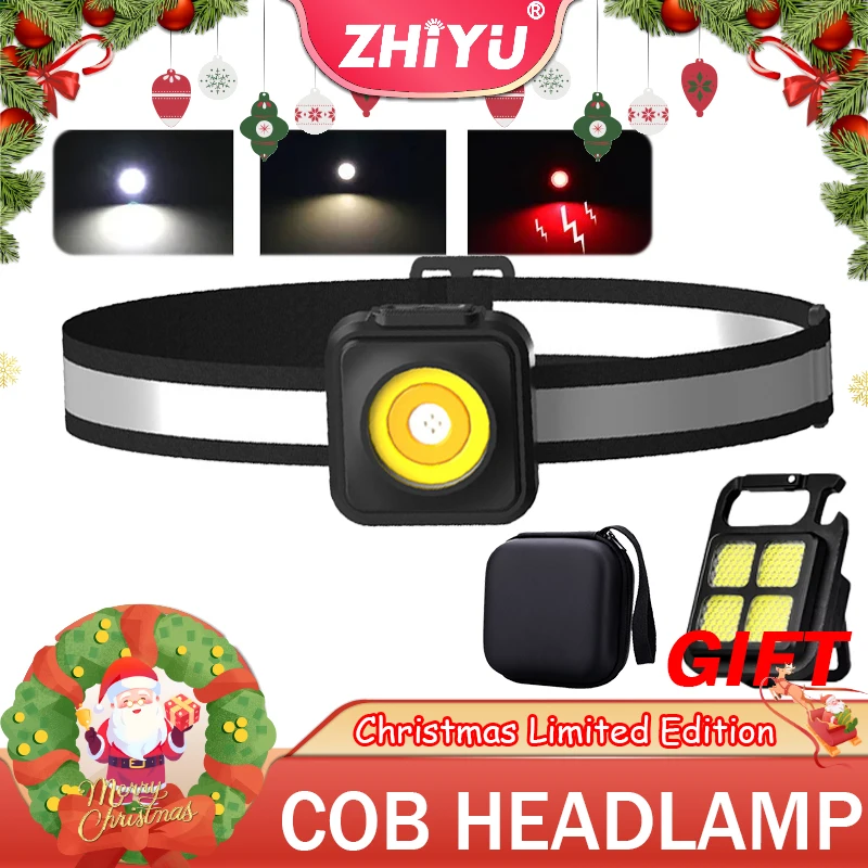 Super Bright COB Headlight USB C Rechargeable Headlamp Outdoor Powerful Emergency Floodlight Flashlight with Yellow Red Lights