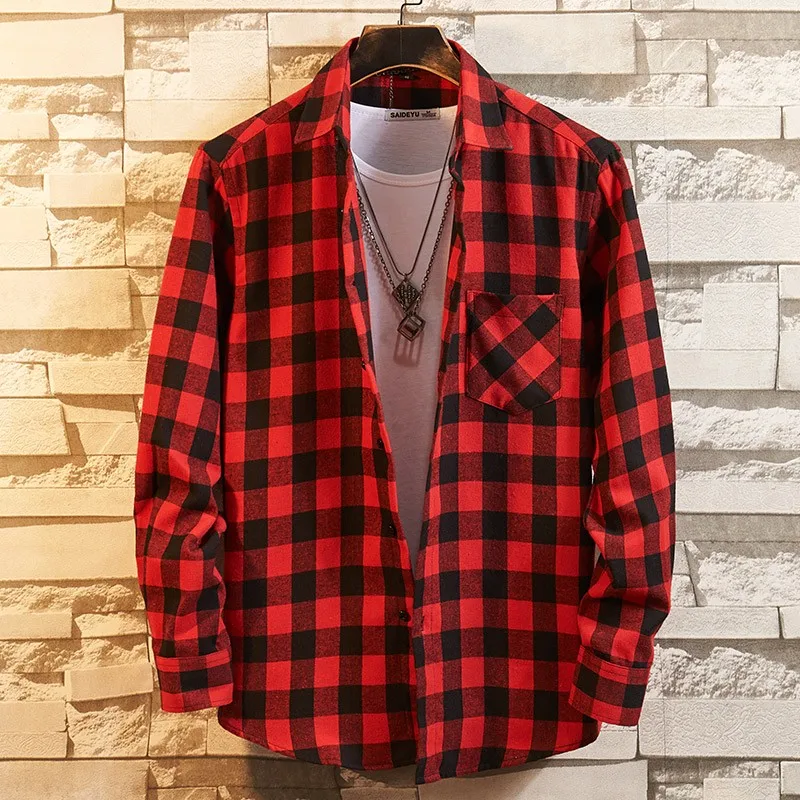 2026 New Men Casual Plaid Flannel Shirt Long-Sleeved Chest  with Pocket Design Fashion Boy Young Button Clothes