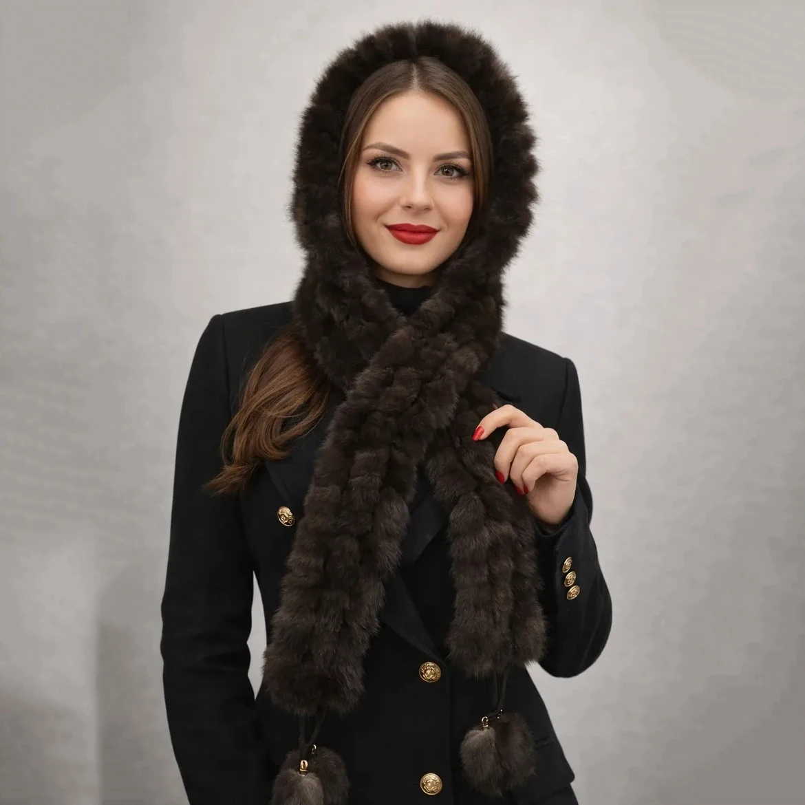 RU Women Faux Fur Hooded Scarf Warm Plush Hood Scarf With Pom Pom Decor Soft Windproof Neck Wrap Outdoor Headwear