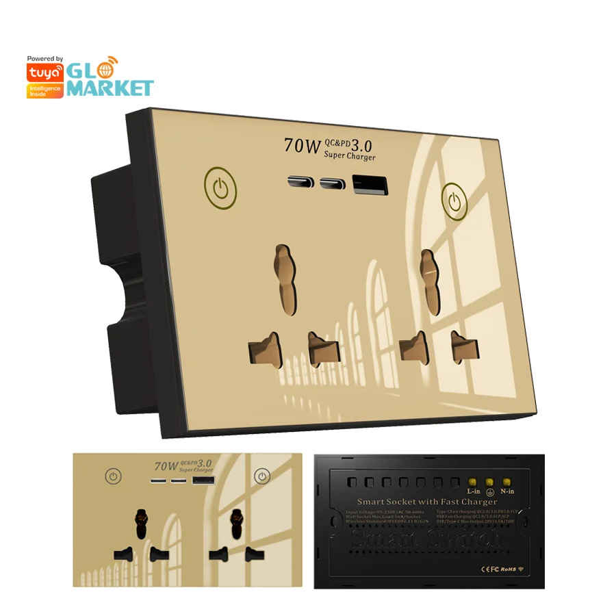

Glomarket Tuya Zigbee Wifi Universal Smart Socket With Usb Type-c Super Fast Charge Port 70w Electrical Smart Wall Socket