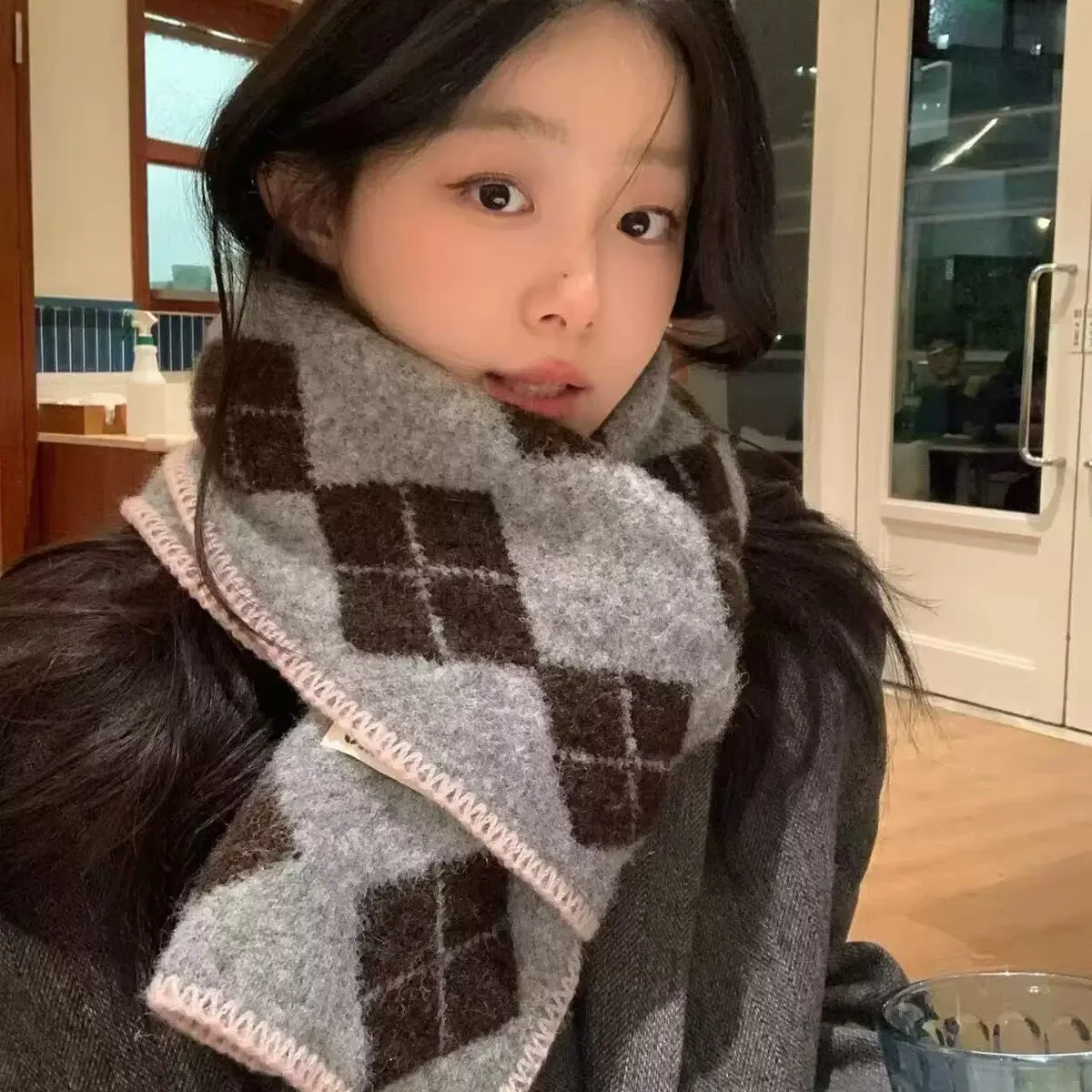 Preppy Diamond Grid Polka Dot Scarf Women Fall Winter Color Block Locked Edge Warm Neck Warmer Shawl Wrap
