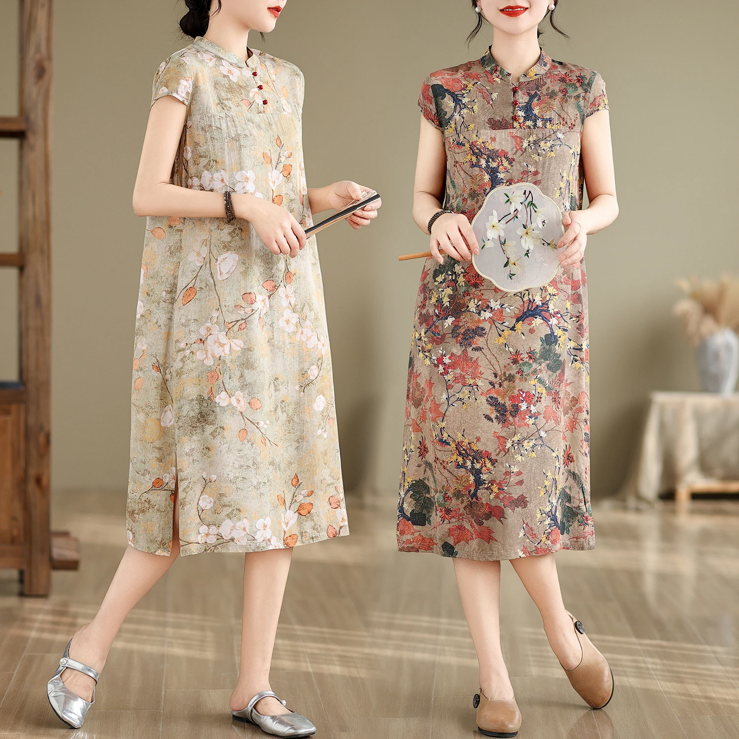 ชุดกี่เพ้าสไตล์จีนแบบหลวมพิมพ์ลายใหม่ พร้อมกระดุมตกแต่ง ให้ความรู้สึกหรูหรา แฟชั่นฤดูร้อน แขนยาว ผ้าโพลีเอสเตอร์ผสม