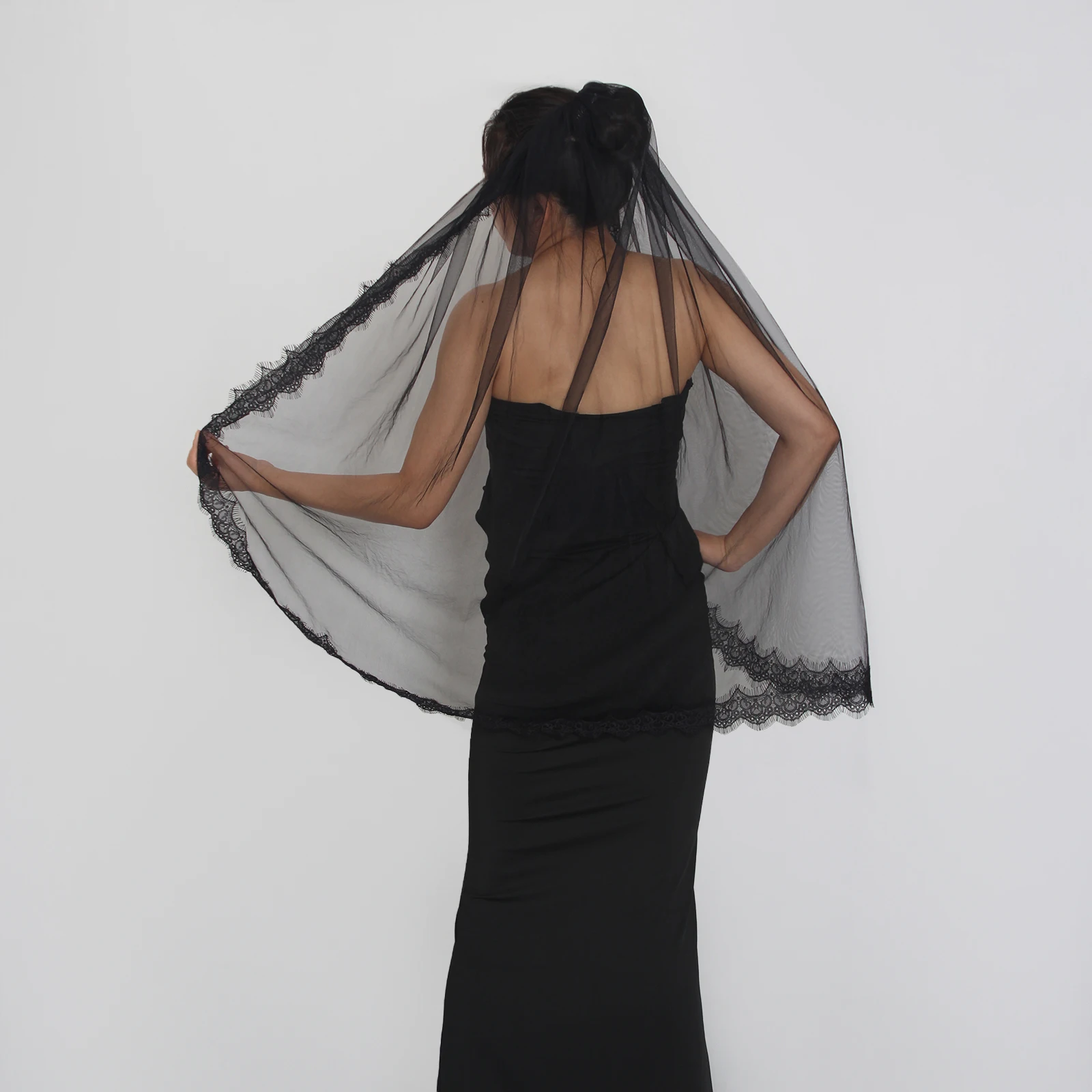Gothic Black Bridal Veil with Eyelash Lace Halloween Soft 1 Tier Wedding Veil Funeral Widow's Veil Black Veil with Comb G154 image 6