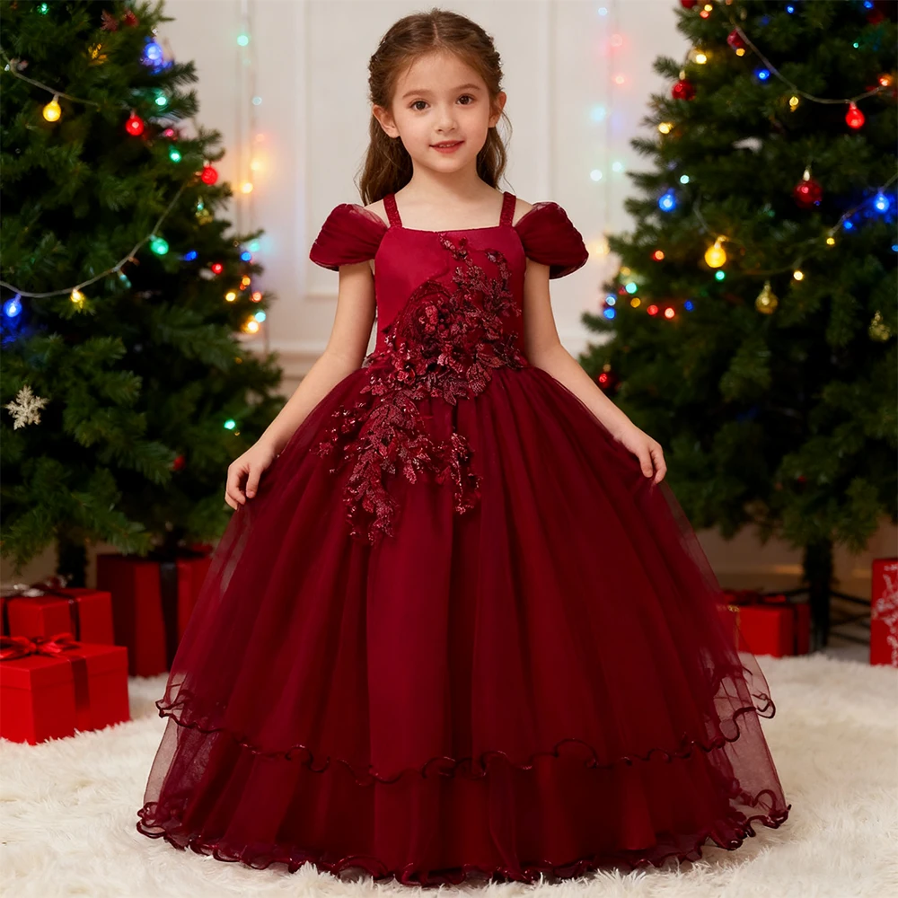 

Fashion Off-shoulder Evening Dress For Christmas Girls Party Dresses New Year Red Dress Girl Princess Dress Flower Wedding Dress