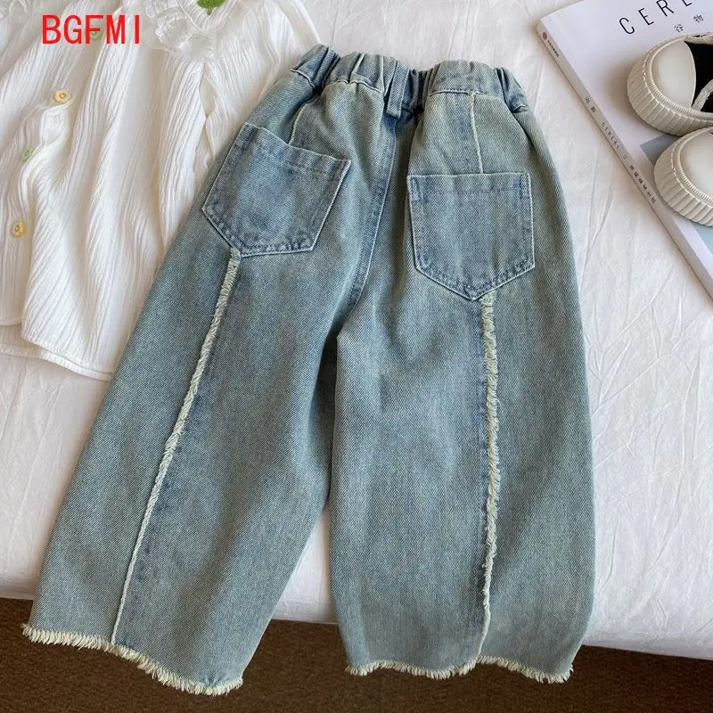 Girls' Fringed Jeans Wide-leg Pants for Kids Korean Style Fashionable Loose Straight Leg Pants Trousers for Children 2-10Y