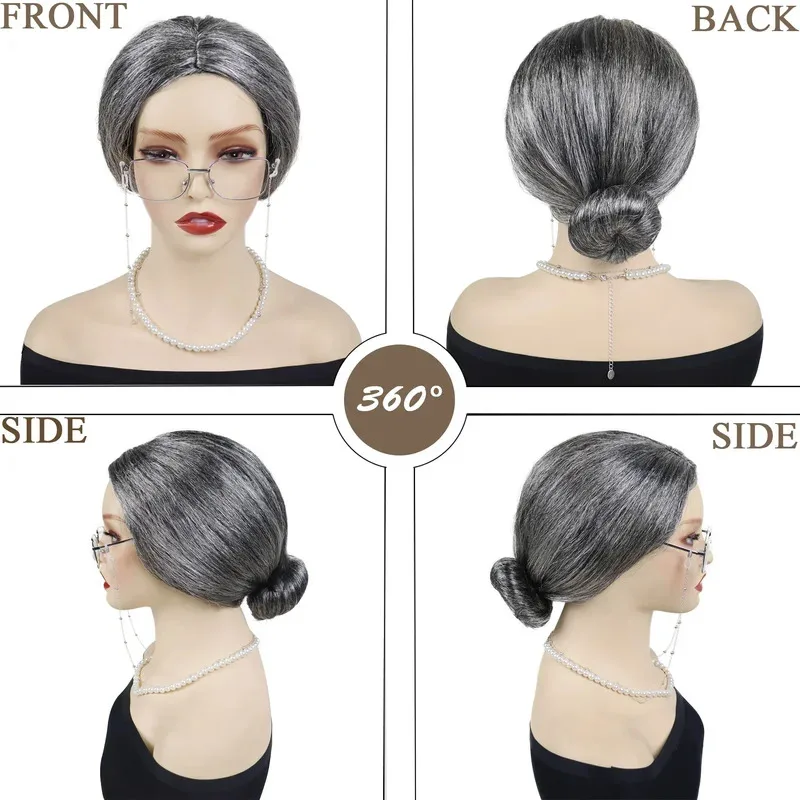 Conjunto de peruca sintética velha senhora avó avó cosplay perucas, óculos, corrente de óculos, colar de pérolas (4 peças) fantasia diária de halloween