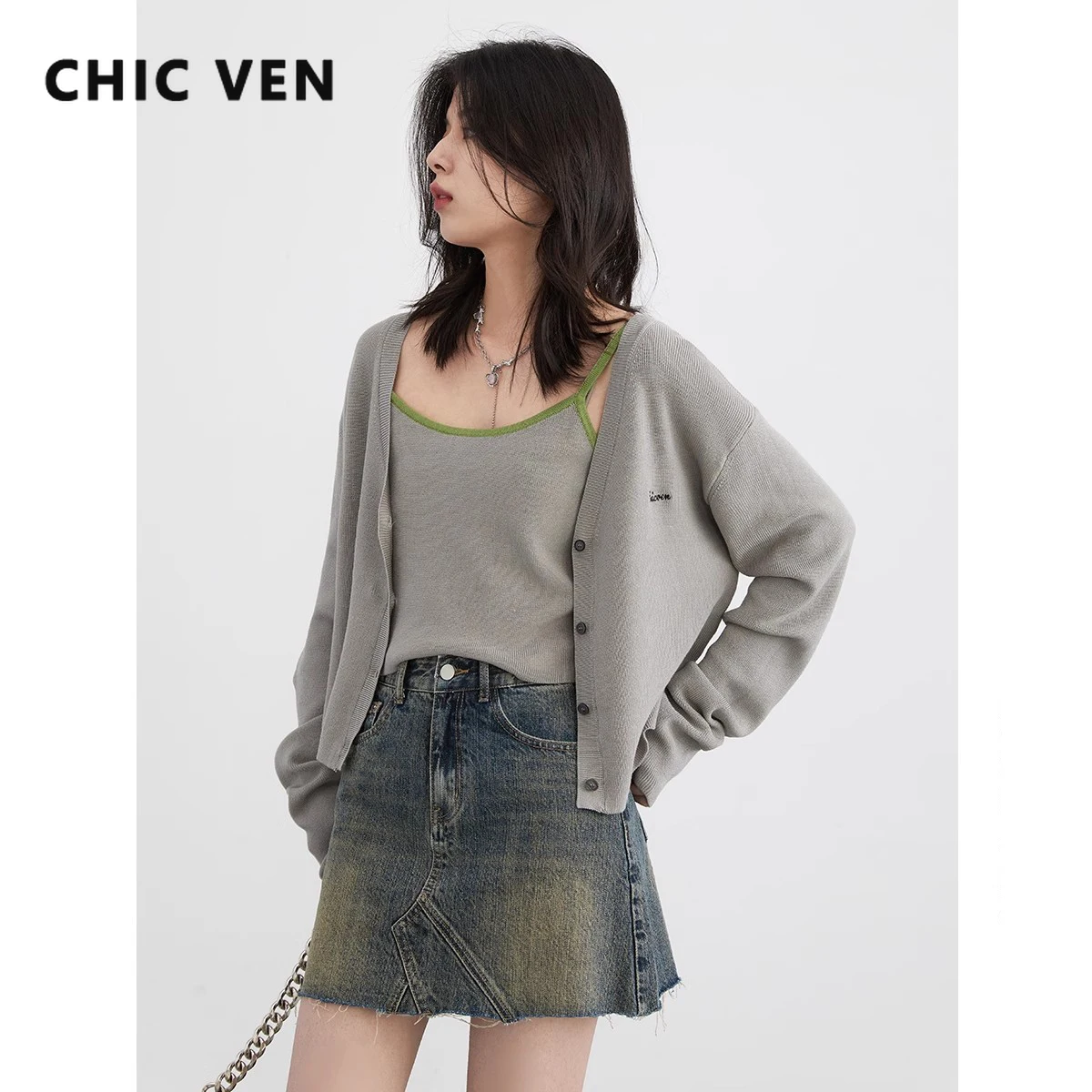 CHIC VEN Women Cardigan Solid Loose Casual Embroidered Short Knitted Sweaters Contrast Suspender Vest Spring Summer 2024