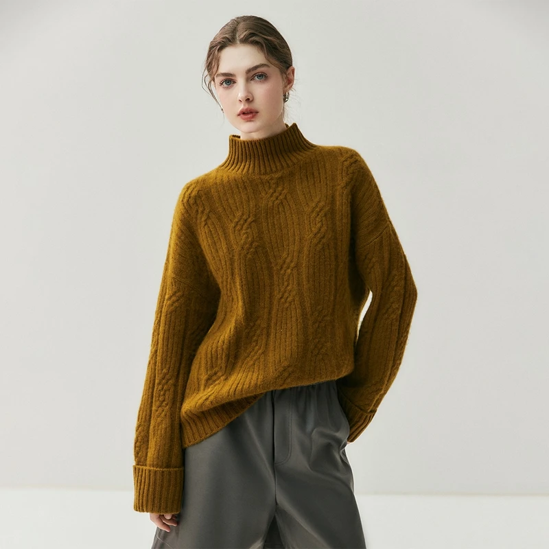 

Women's Mock Neck Thick Diamond Pattern Pullover 100% Cashmere Drop Shoulder Loose Sweater Autumn Winter Fashionable Warm Tops