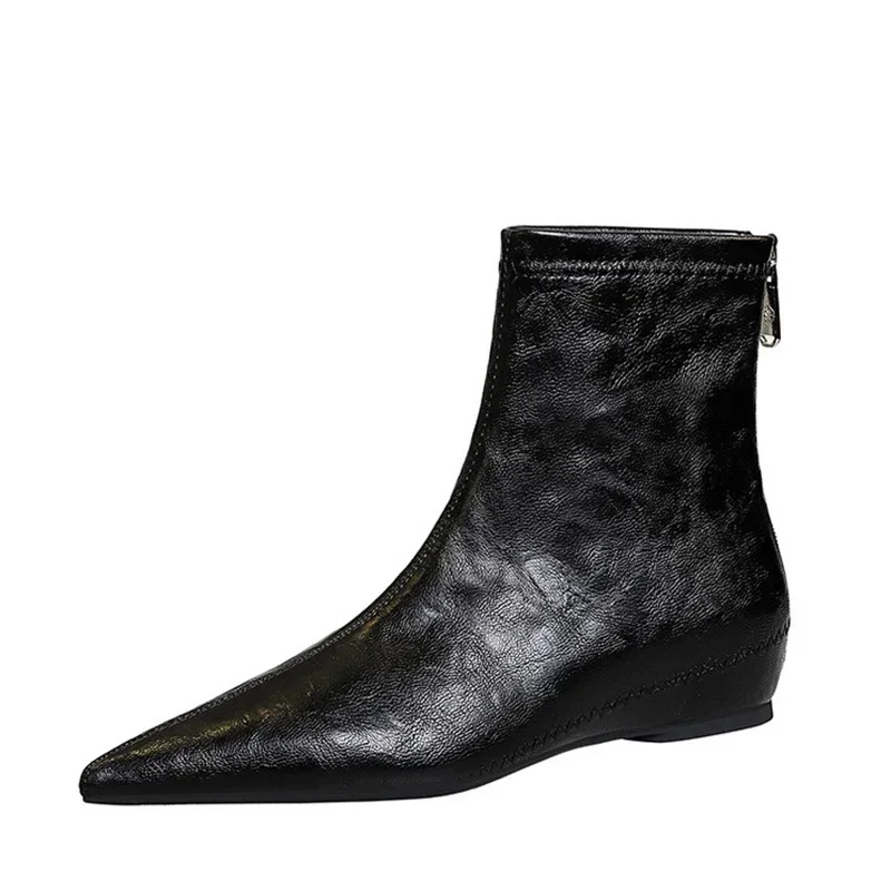 Traf ponto cabeça cunhas botas para mulher retro macio falso couro tornozelo botas sapatos outono feminino chique altura interna aumentar saltos