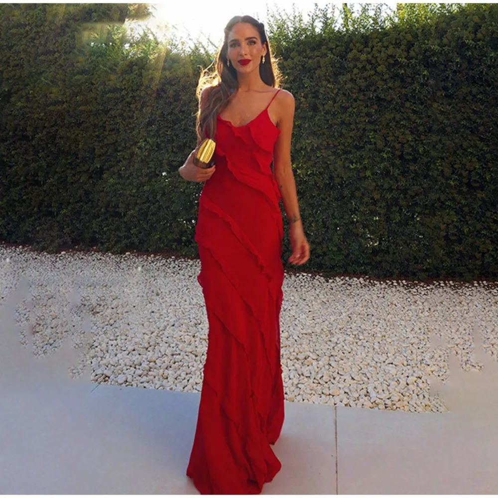 

Red Chiffon Ruffle Long Dress Women Elegant Spaghetti Strap Slim Evening Party Dresses Summer Sexy Backless Holiday Dress 2024