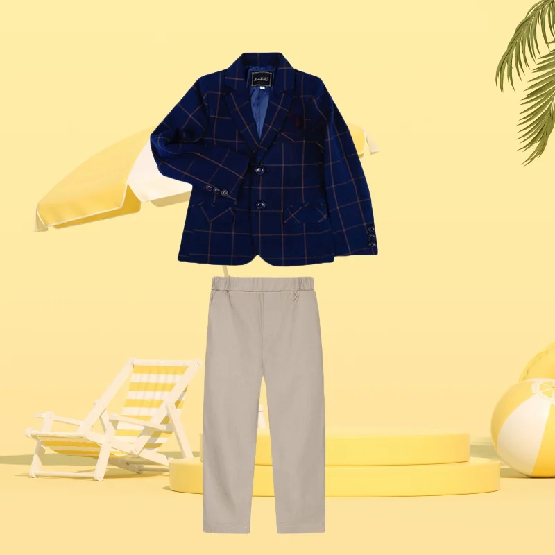 2025 Little Boys Pliad Sping 2Pieces/Set Jacket Pants Photograph Dress Kids Host Stage Performance Suit Children Wedding Costume