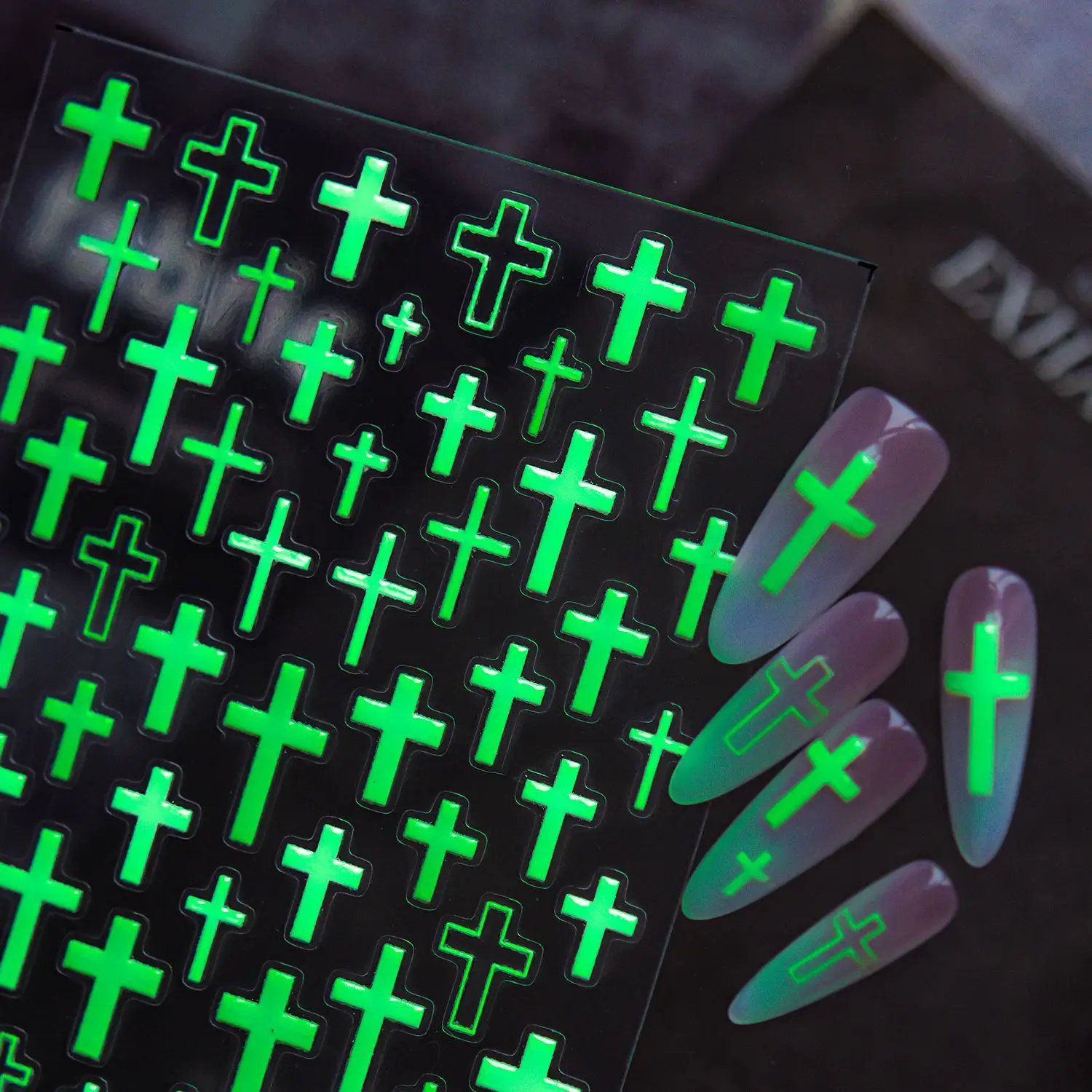 Glow In Dark Edgy Dark 5D Nail Stickers Retro Relief Cross Minimal Plain Cross Punk Gothic Self Adhesive Nightwear Manicure DIY