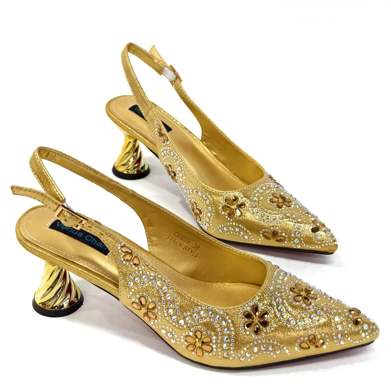 Gold  Fashion Elegant Pointed High Heels Crystal Inlaid decorate African Women's Favorite High Heels With Clutch Bag Set