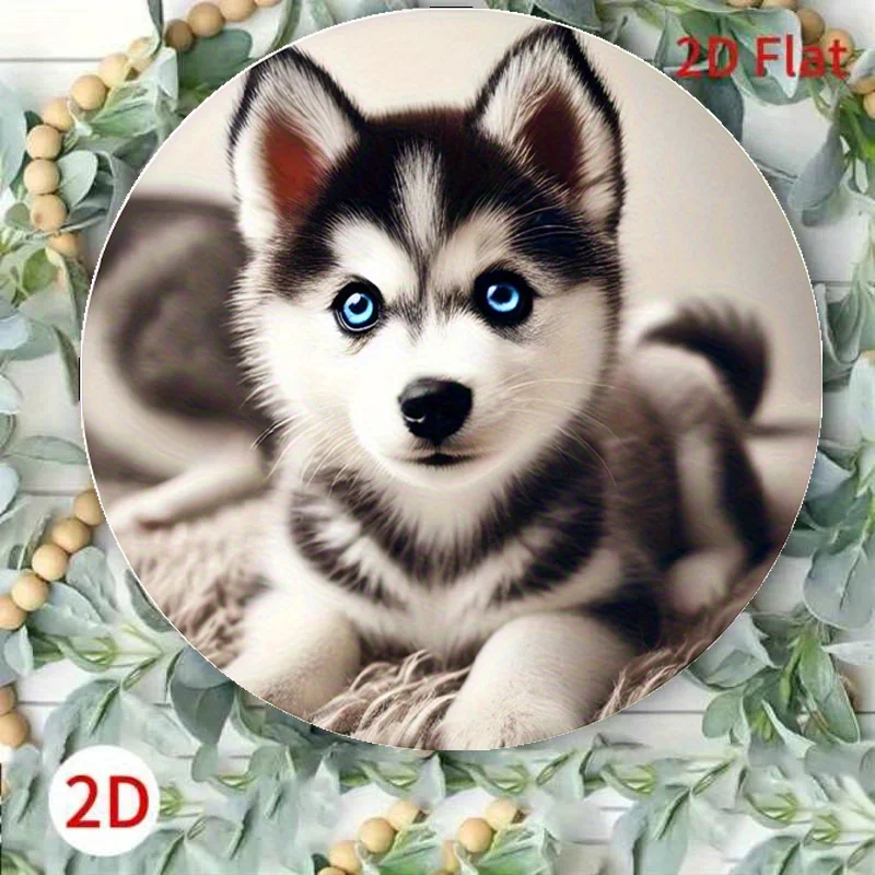 Vintage Husky Puppy Blue Eyes 2D Flat Aluminum Sign 20x20cm, Cute Pet Dog Circular Plaque Bedroom Entryway Decor Gift