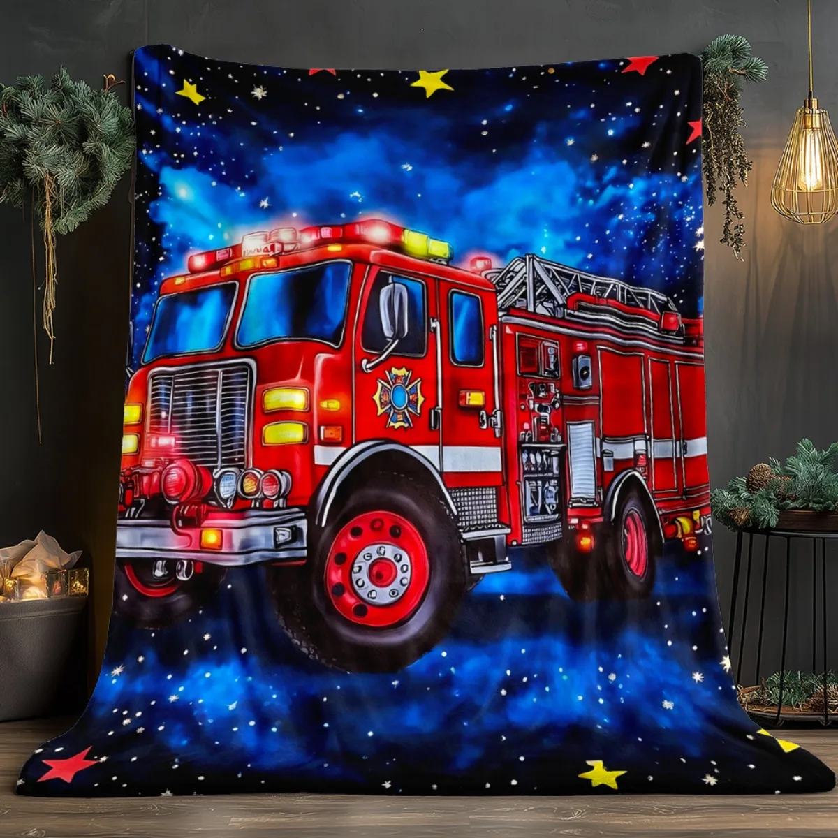 Vivid Fire Truck Rescue Scene Blanket Cozy Throw for Kids Boy Girl Nursery Decor Gift