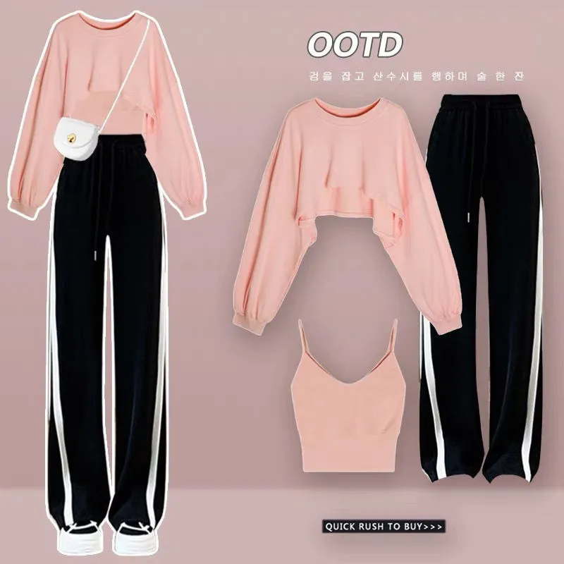 Women\'s Spring Autumn Sportswear Suit Korean Elegant Fashion Sports Long Sleeved Shirt+Suspenders+Wide Leg Pants Three Piece Set