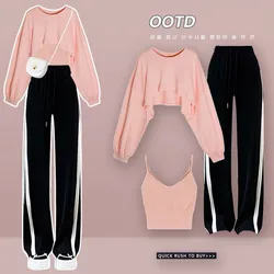 Women's Spring Autumn Sportswear Suit Korean Elegant Fashion Sports Long Sleeved Shirt+Suspenders+Wide Leg Pants Three Piece Set