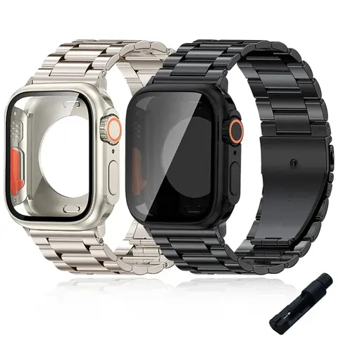 금속 스테인레스 스틸 스트랩 + 케이스 Apple Watch 밴드 44mm 45mm 41mm 40mm PC 커버 변경 iWatch 9 8 7 6 SE 5 4 용 울트라 범퍼