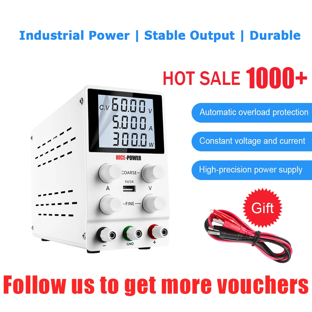 LCD 4 digit DC Power Supply 30V 60V 10A 5A Adjustable Switching sumber 220V ke 12V konverter 4 Tombol USB pengisian Port Stabilizer