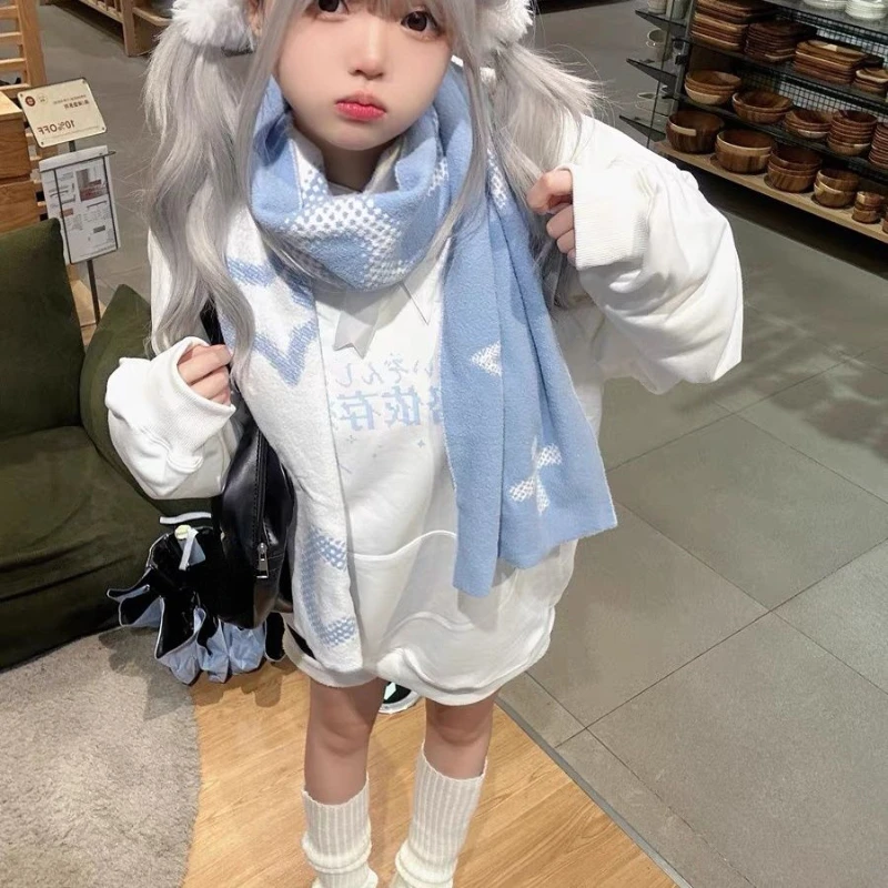 Y2k Aesthetic Girl Star Printing Scarf Harajuku Two-sided Warmth All Match Neckerchief 2024 Japanese Fashion Streetwear Scarves