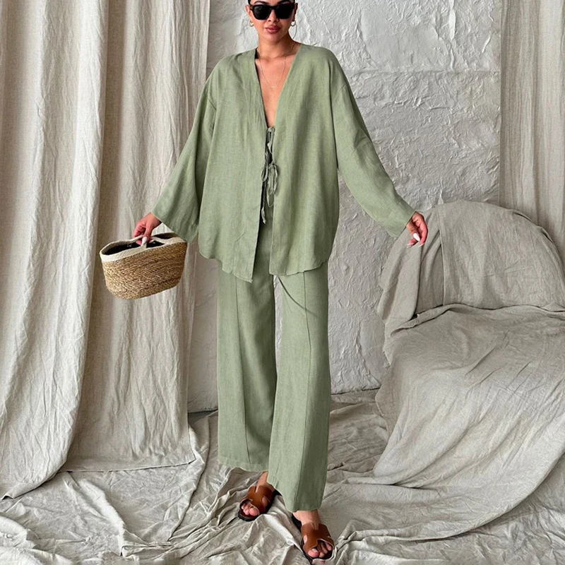 Loose Green Cotton Home Suit 2 Piece Set Women Outfit 2024 Elegant Long Sleeve Shirt High Waist Wide Pants Set Female