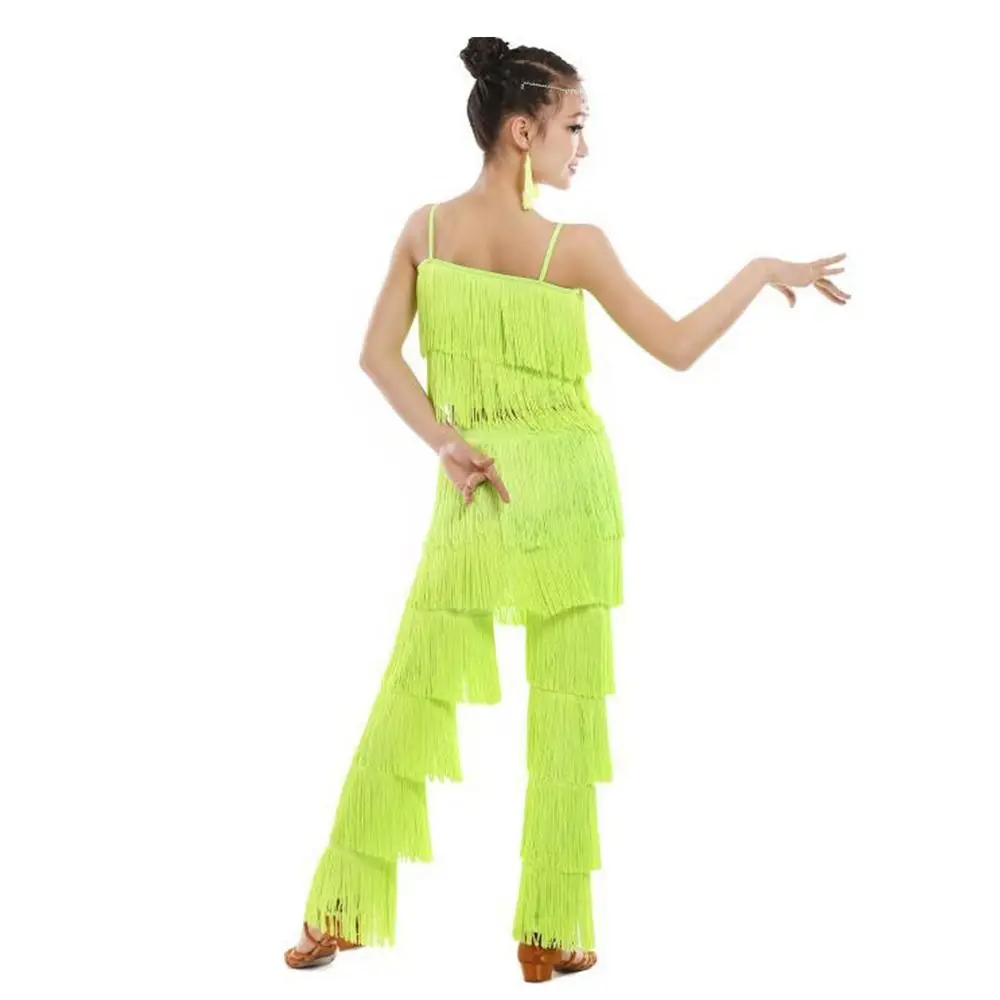 Mode Kwastje Kids Latin Dans Broekpak Broek Cha Cha Ballroom Dans Kostuum Professionele Rumba Samba Kostuum Kinderen Meisjes