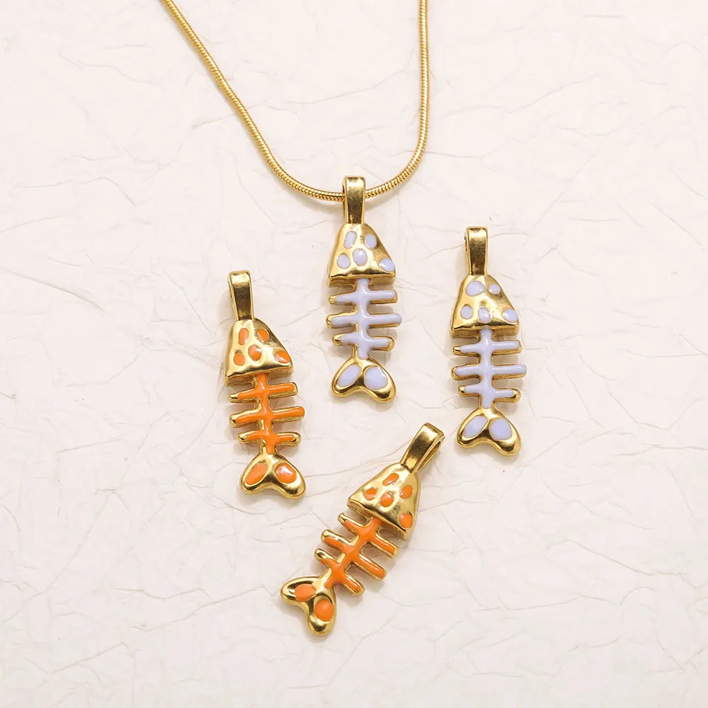 18K PVD Gold Stainless Steel Enamel Fishbone Charm with Top Bail Non Tarnish DIY Jewelry Connectors for Bracelet Necklace Making