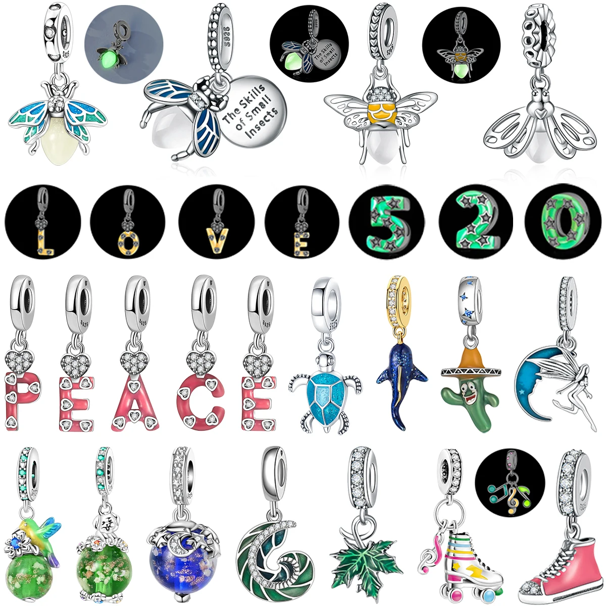 

Luminous Charms Original 925 Silver Pink 26 Letter Firefly Birds Number Snail Bead Bracelet Necklace for Women DIY Jewelry Gifts