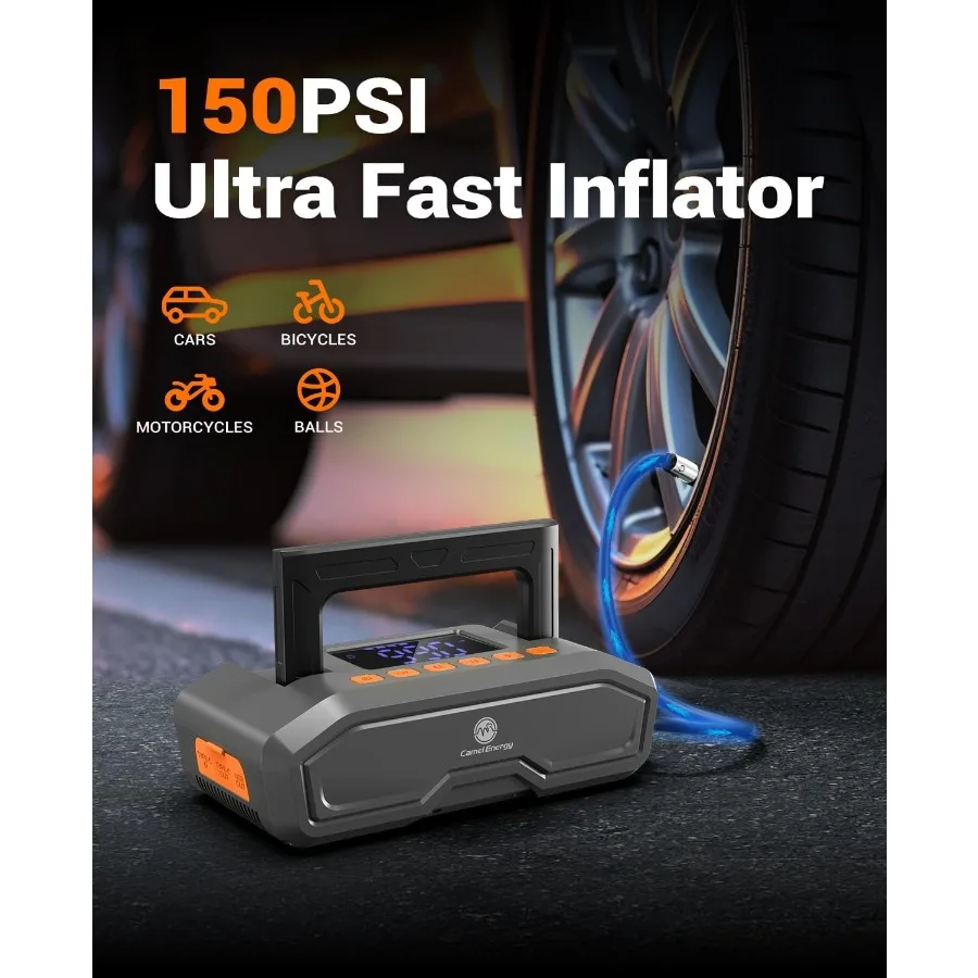 كاتب قفز محمول 12 فولت مع تيار ذروة 4000 أمبير وضاغط هواء 150 رطل لكل بوصة مربعة للغاز 9 لتر ومحركات الديزل 8 لتر بطارية السيارة المدمجة