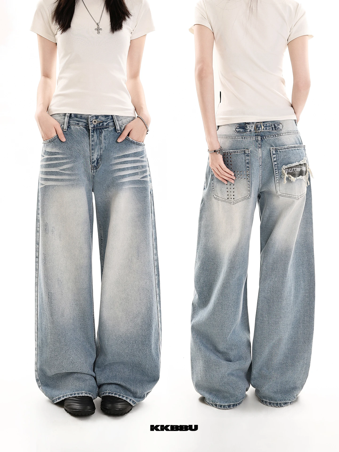 

Мужские джинсы Kkbbu American Washed с широкими штанинами, декоративными заклепками, повседневные, удлиненные, с естественной талией, средней жесткости