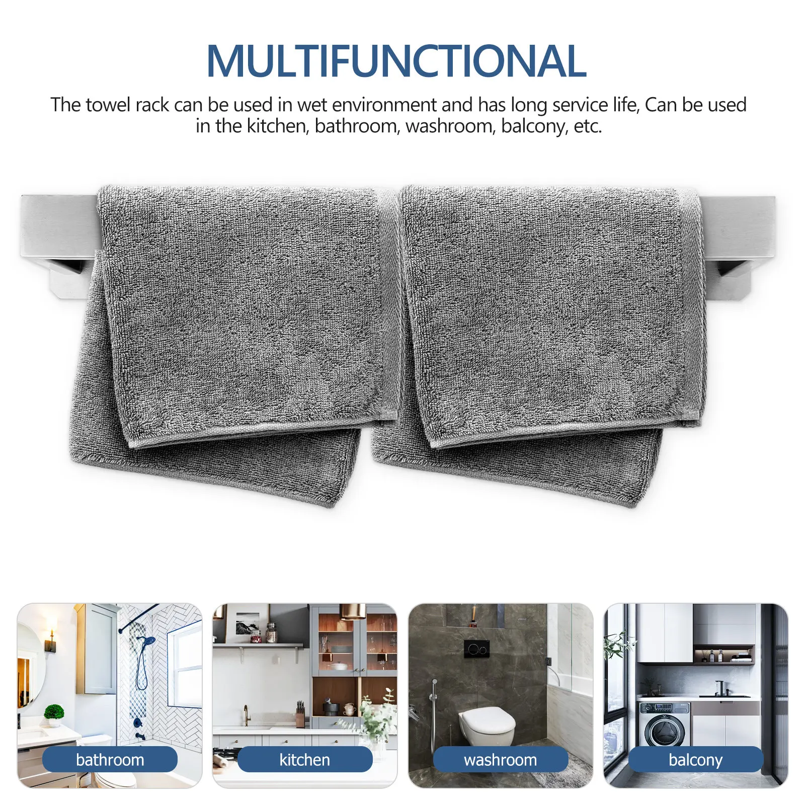 

Self Adhesive Towel Bar Stainless Steel Bathroom Towel Rack Wall Mounted Long Service Life Smooth Surface No Tools Needed