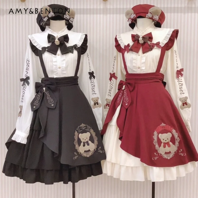 

Autumn Winter Sweet Heavy Industry Cartoon Embroidery Bear Ears Detachable Shirts Cute Doll Collar Bow Long Sleeve Shirt Women