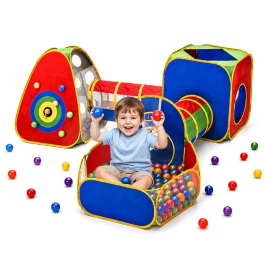 

Play Tent, Crawl Tunnel, Ball Pit - 5-in-1 Pop-Up Play Set with 2 Tunnels and 2 Tents, Indoor Outdoor Use for Ages 3 Years+