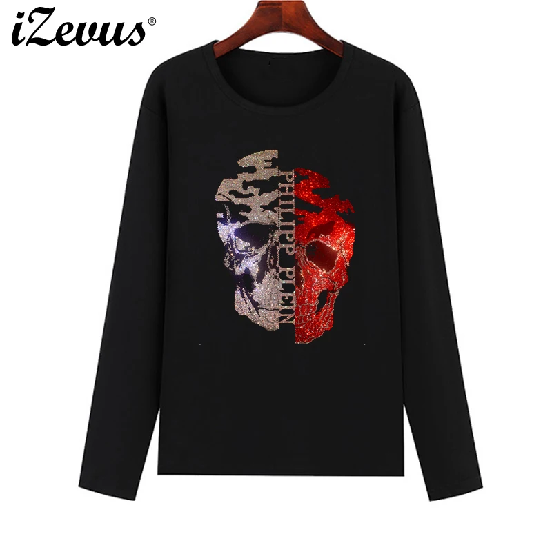 Hot Europa En De Verenigde Staten Populaire Skull Dames Ijzeren Boor T-Shirt Lente En Herfst Lange Mouwen Ijzeren Boor T-Shirt