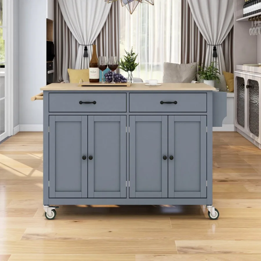 Solid Wood Top Kitchen Island Cart 54.3 Inch Wide 4 Door Cabinet 2 Drawers Grey Blue